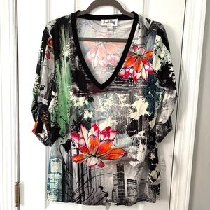 JOSEPH RIBKOFF•V-neck floral short sleeve tunic top 18 NWT